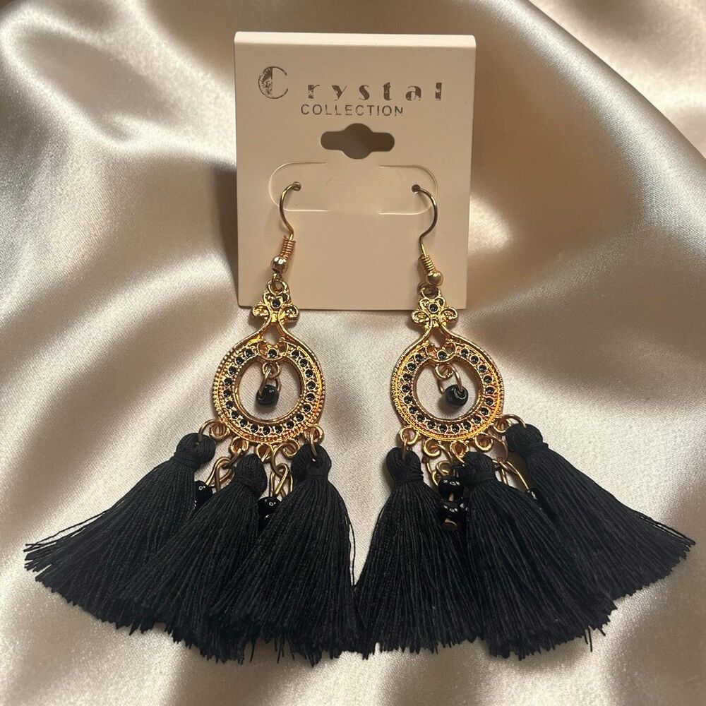Bohemian Tassel Dangle Fringe Boho Black / Gold Beaded Earrings
